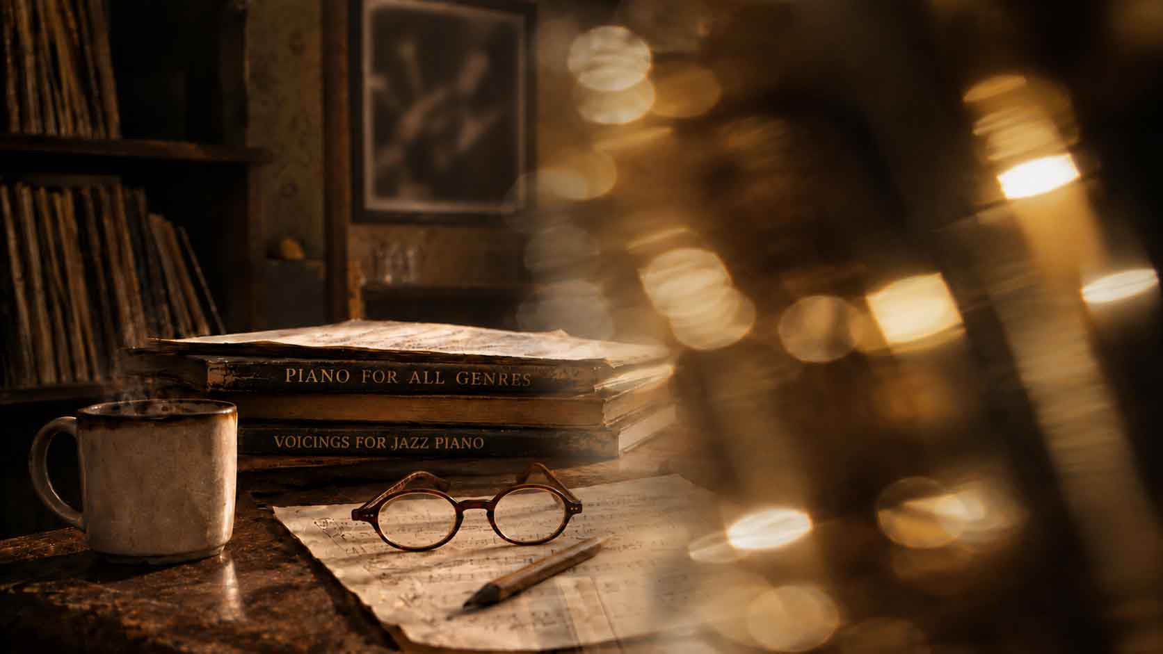 Noten, Bücher und eine Schallplatte im goldenen Fensterlicht