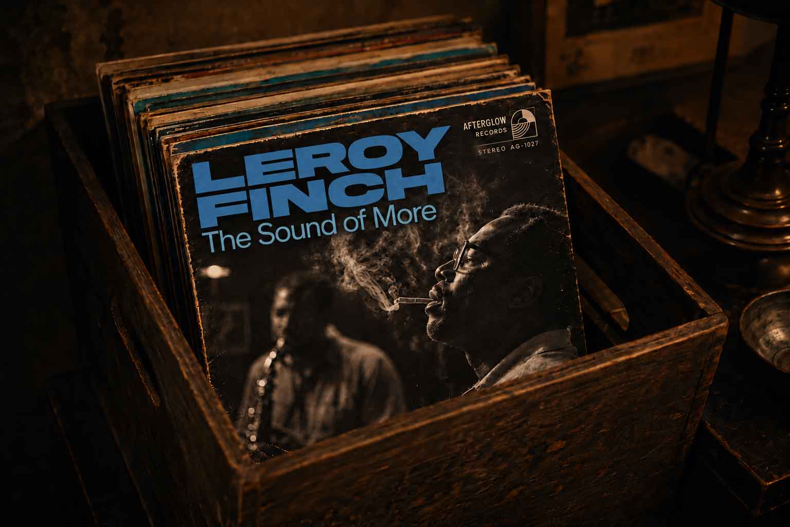Leroy Finch – The Sound of More, Plattencover in einer Holzkiste